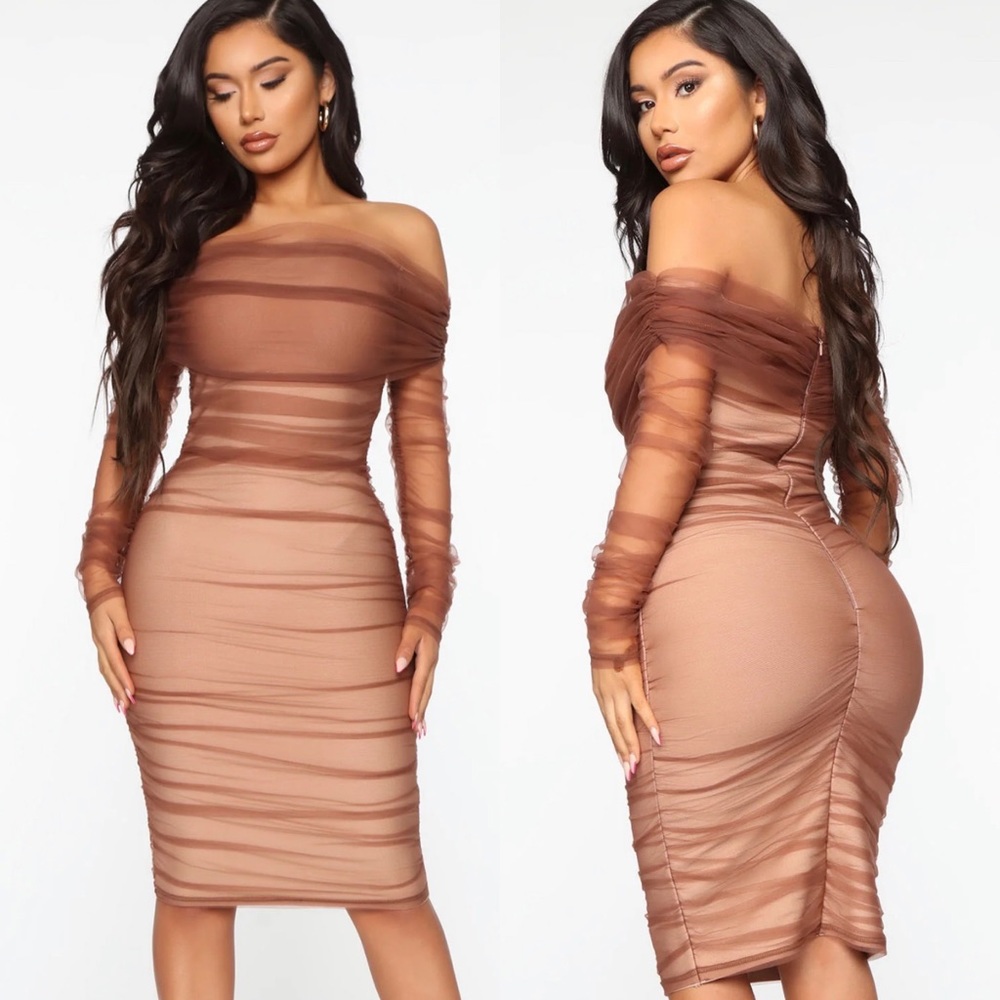 Fashion Nova Ruched And Ready Bandage Midi Dress - Taupe
